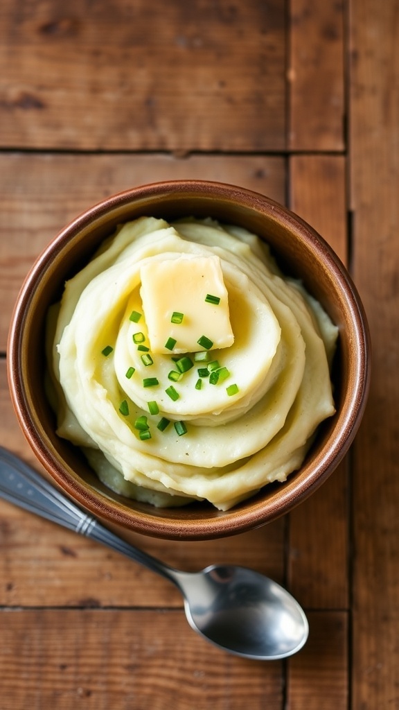 Creamy mashed baby potatoes in a bowl, garnished with chives and a pat of butter on a rustic table.